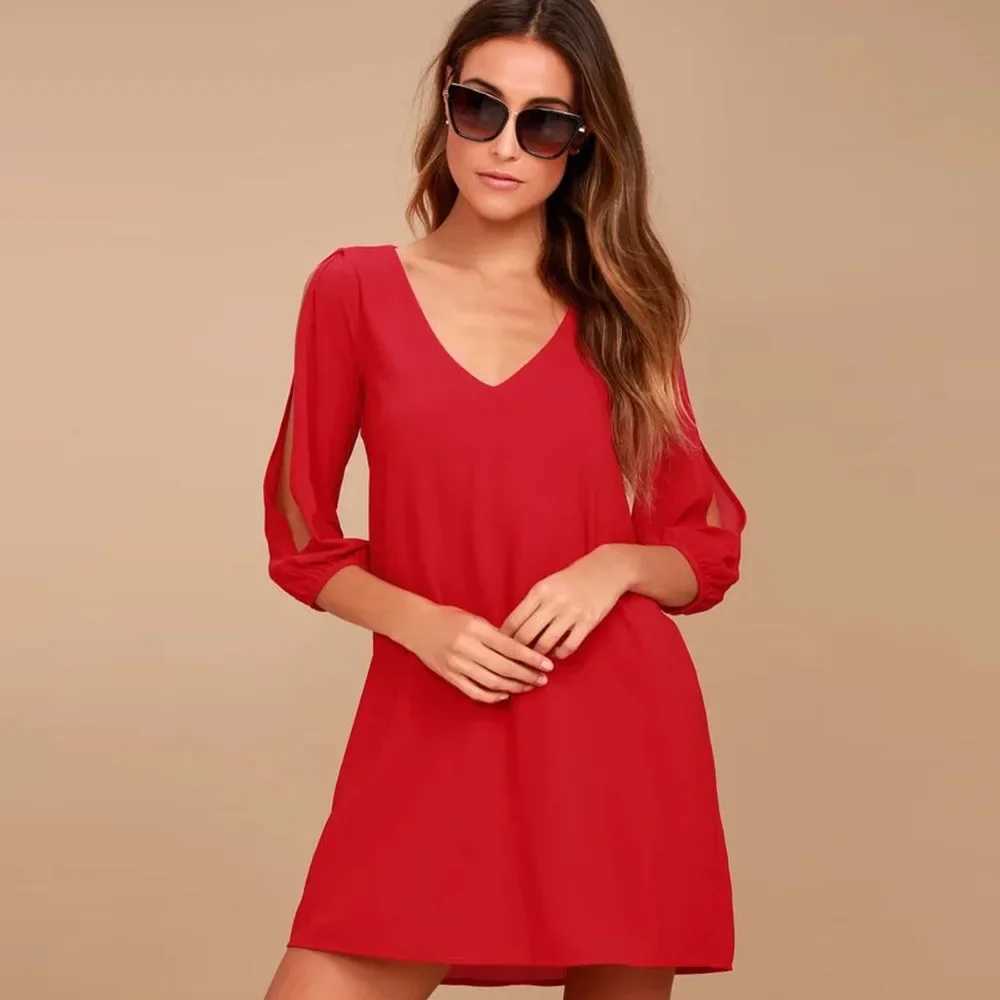 Summer Dress 2024 New Short-Sve Casual Mini T Shirt Beach Dress Solid V-neck He Casual Dress For Summer Womens ClothingXJ250224
