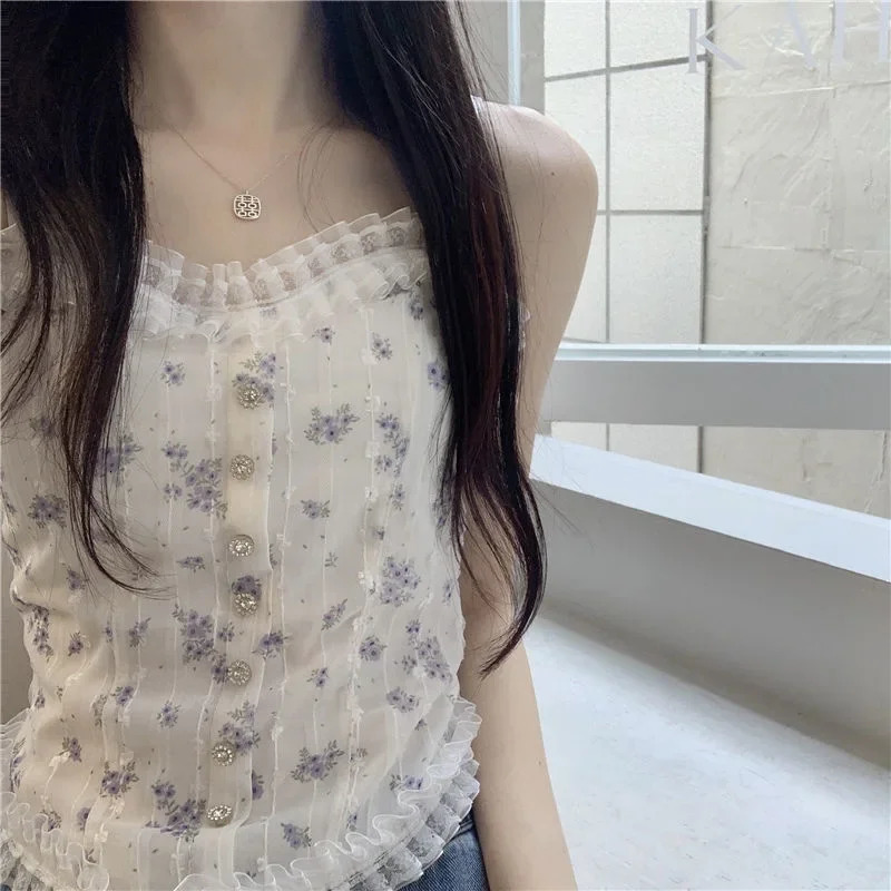 Floral Tube Tops French Wood Ear-hem Camisole Womens Breathable Lace Tank Tops Back-beautiful Underwear for Summer 250224