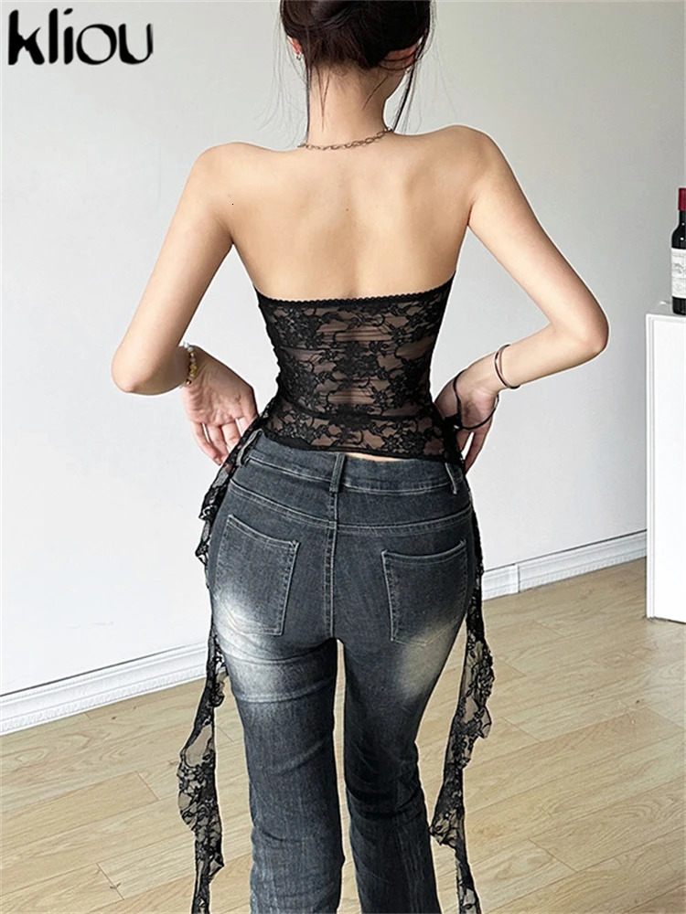 kliou Summer Women Bare Midriff Sexy Club Lace Crop Tops K24L42811 Embroider Chest Wrapping Slimming Tube All-match Vest 250224