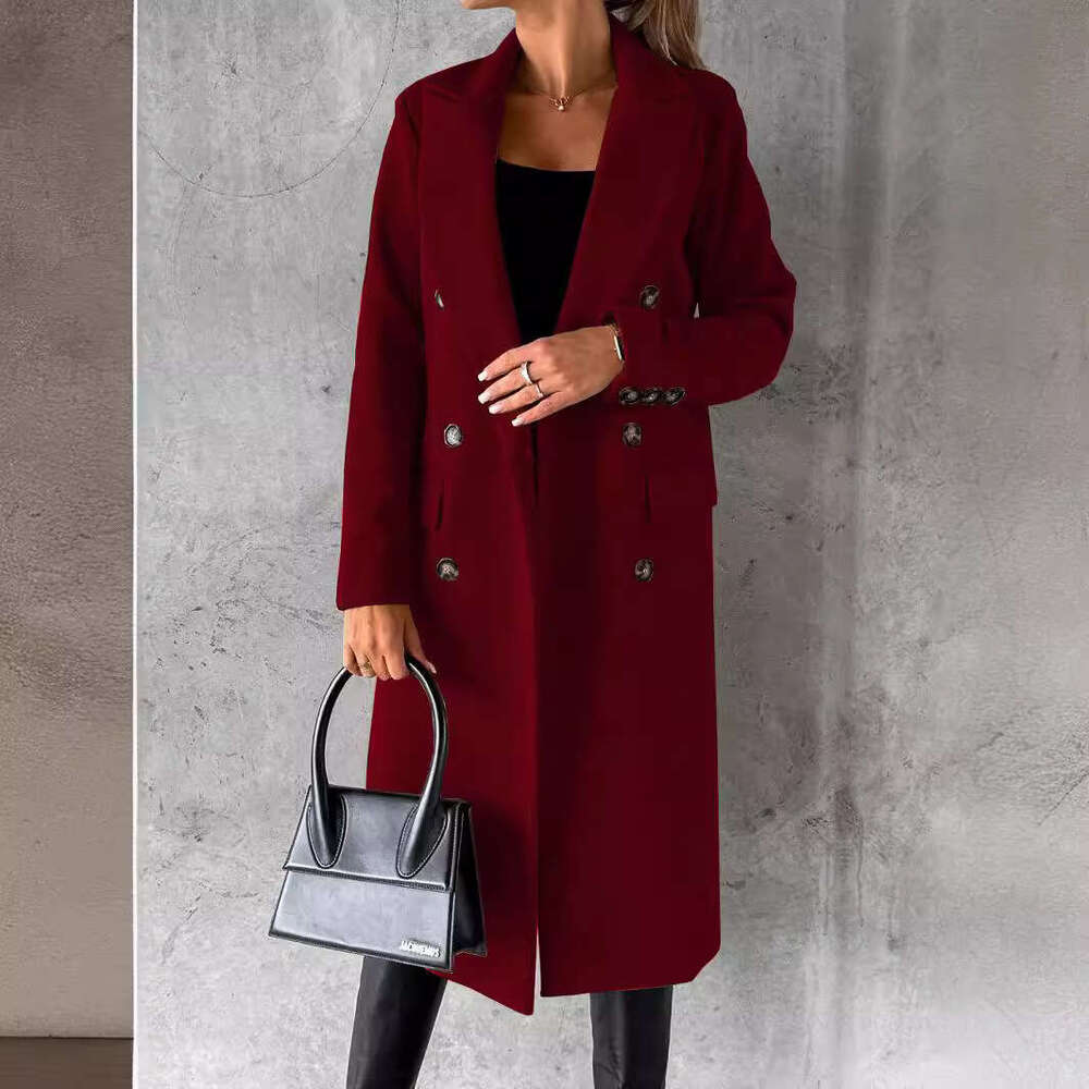 Women's Spring New Versatile Woolen Coat Solid Color Long Sleeve Double Breasted Insert Bag