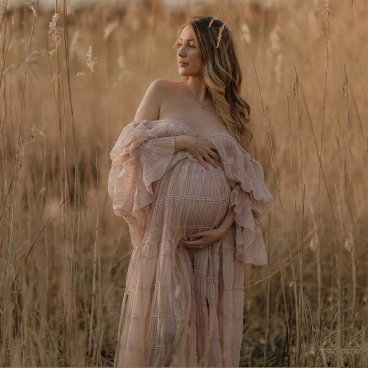 Pleated chiffon bohemian style maternity photography dress baby shower Maxi dress maternity photo prop dress X250224