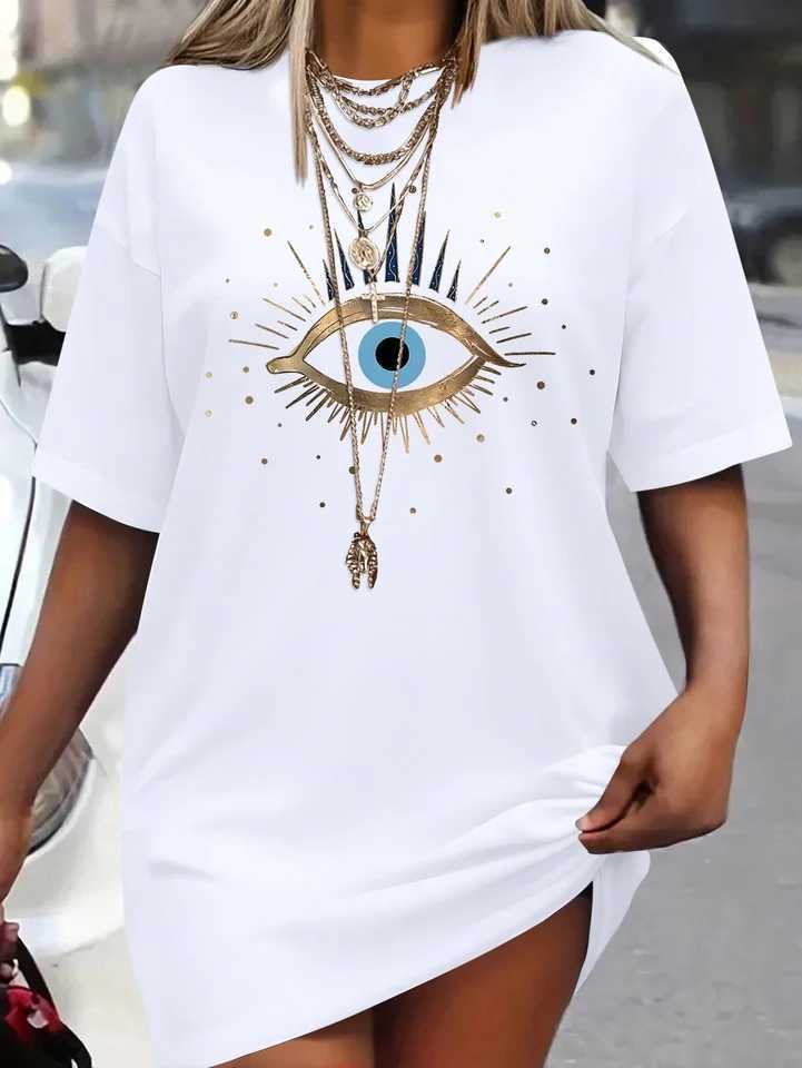 Totem print loose plus size summer womens clothing Suower print casual slim fit short sved round neck mini dressXJ250224