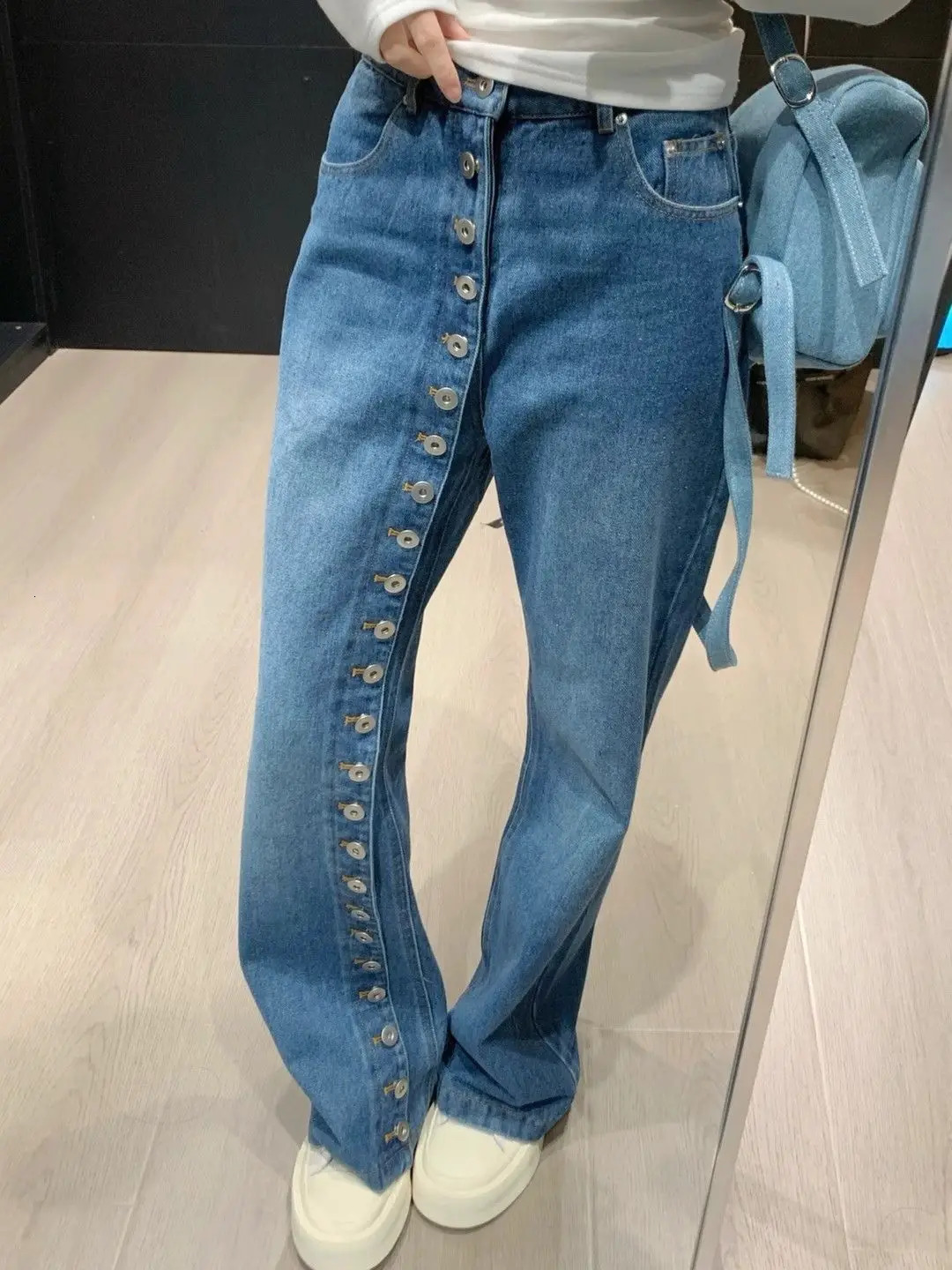 American Breasted Vintage Blue Wash Jeans Woman Y2K Streetwear Hip-hop Loose Casual Harajuku High Waist Straight Jeans 250225