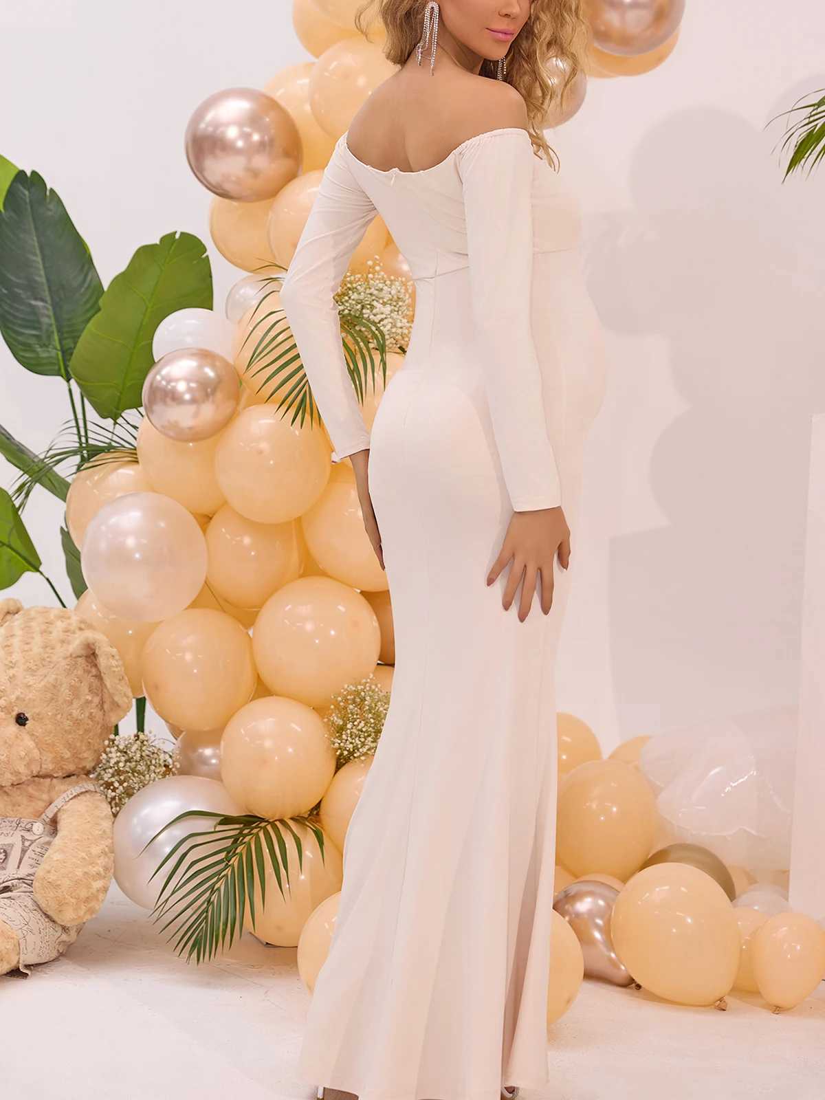 ItsRoya Off Shoulder Solid Ruched Maternity Dress Long Sleeves Pregnant Photography Props Dress Slim Mermaid Party Evening Gowns X250224