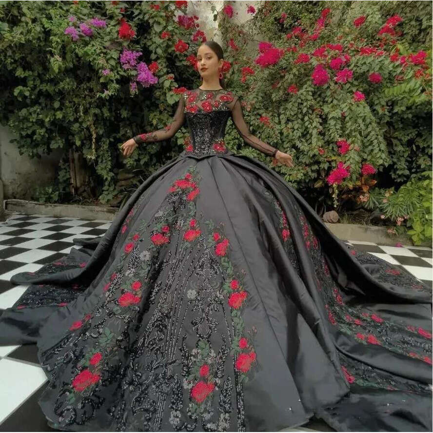 Sparkly Black Mexican Charro Princess Dresses Long Sleeve Ral Embroidery Sequin Corset Vestidos De 15 Quinceanera