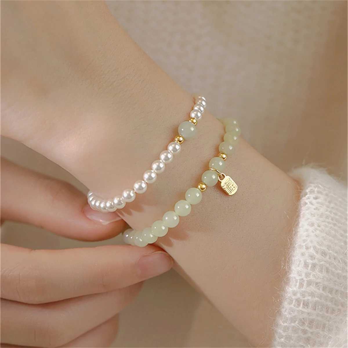 Imitation Hetian Jade Little Green Beads Lucky Bracelet For Women Exquisite Imitation Pearl Chinese Bamboo Flower Bangle JewelryXJ250225