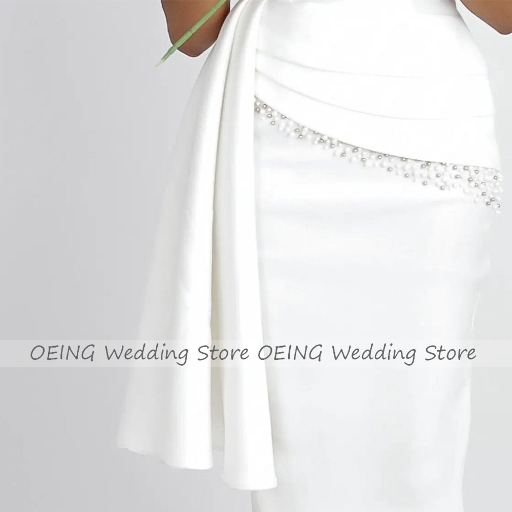 Sheath Column Wedding Short Off The Shoulder Pearls Bridal Gowns For Bride White Draped Tea Length Brides Dresses 6660312
