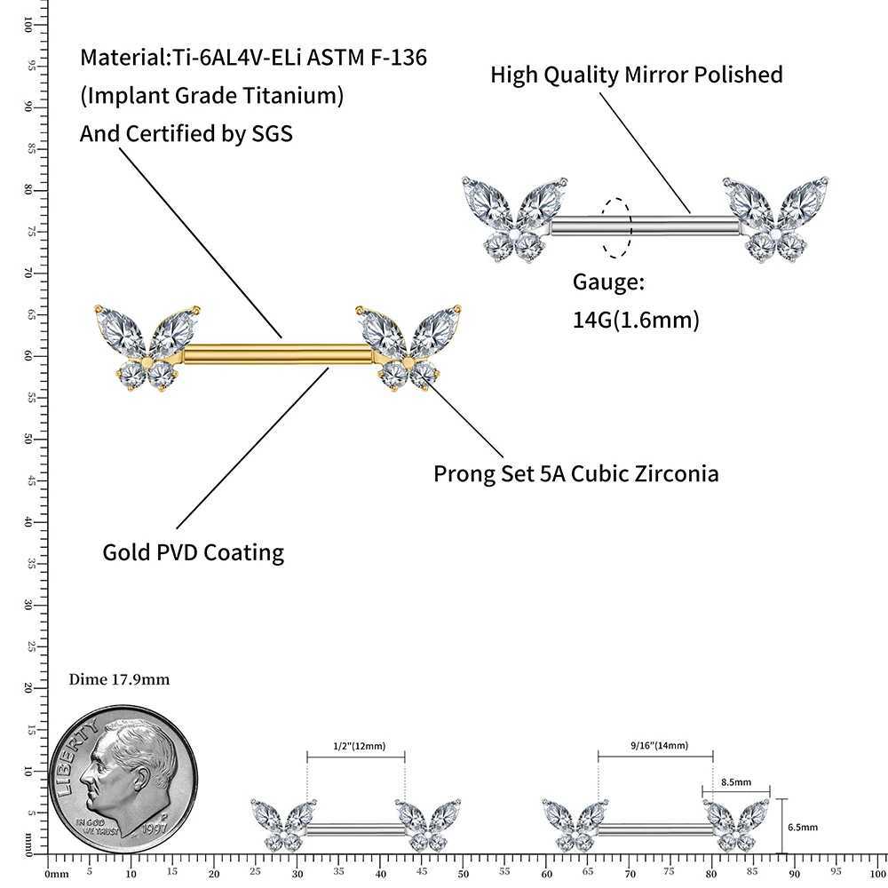 1Pc Right Grand ASTM F136 Titanium 14G Spark CZ Nipp Ring Threadss Push Pin Straight Baell Piercing JewelryXJ250224
