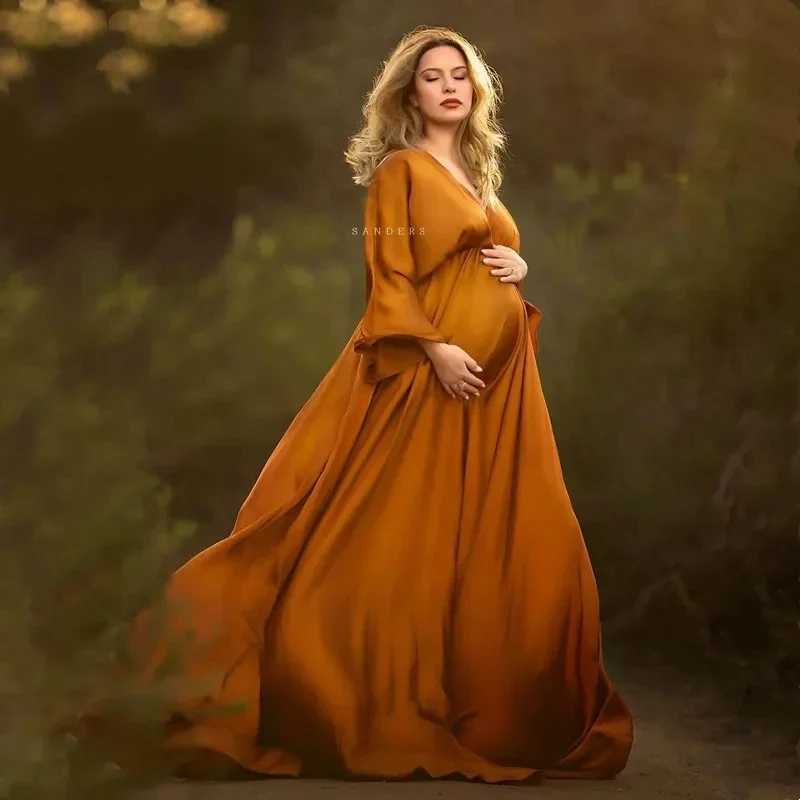 Boho Maternity Long Dresses for Photography Pregnant Woman Photoshoot Dress Elegance Satin V-Neck Plus Size Costume X250224