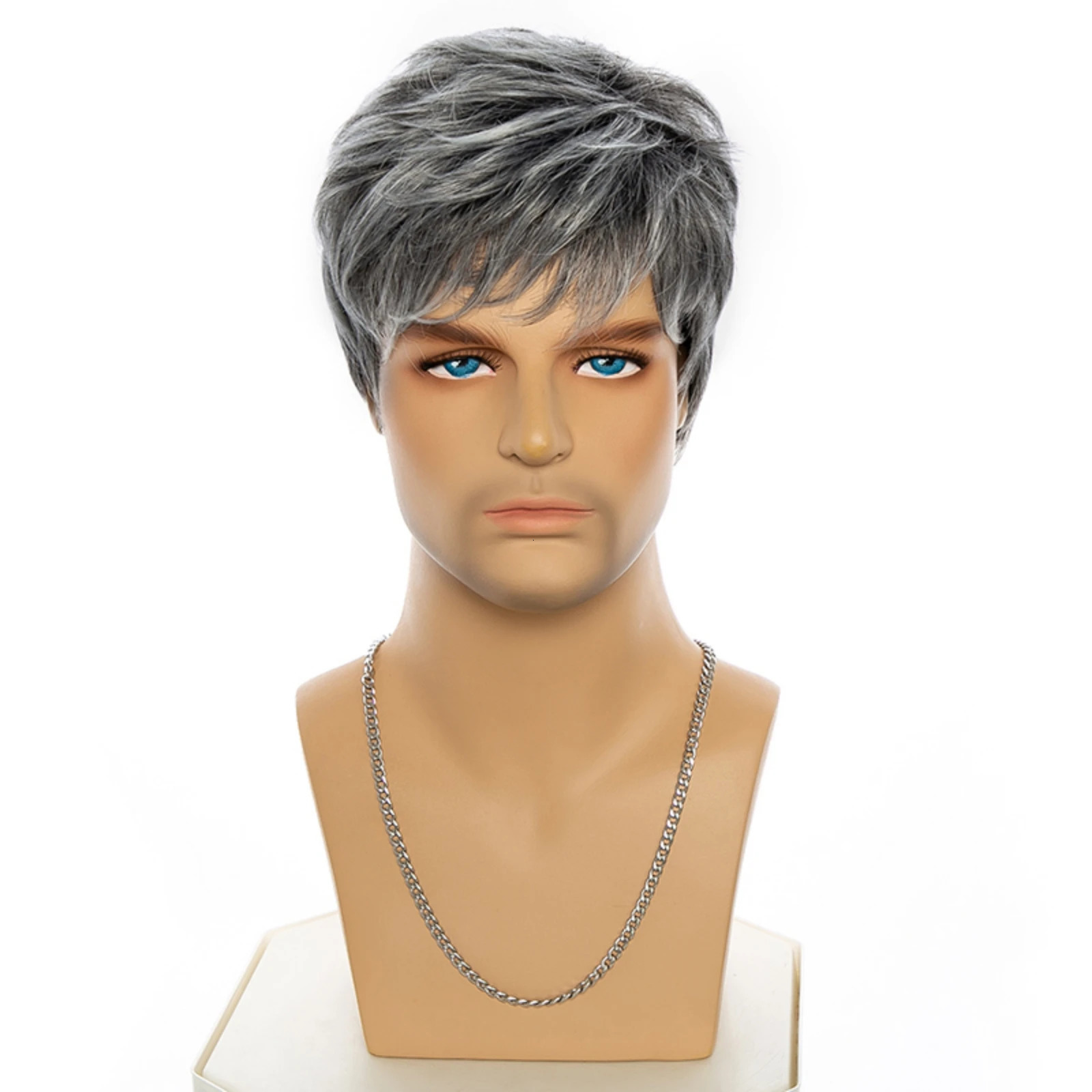 Gray and White Mens synthetic Wigs Fashion Mens Short Hair Cosplay Man Hair for daily use 250224