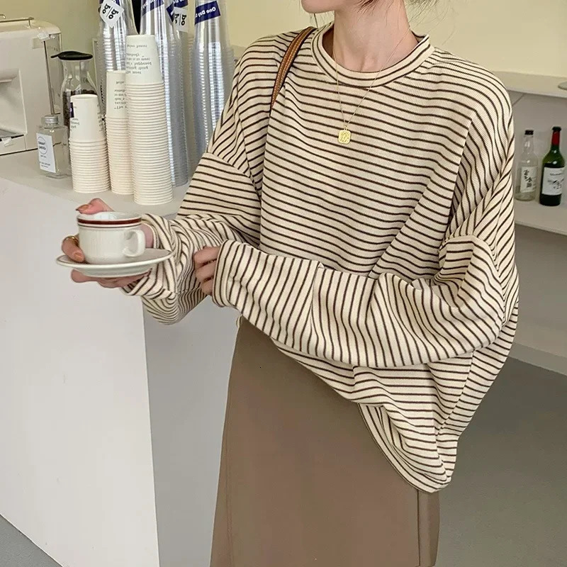 Womans Stripe Cotton Tshirts Spring Summer Korean Long Sleeve O Neck Loose Blusa Feminina Ladies Tops Y2k Casual Tee Shirt 250224