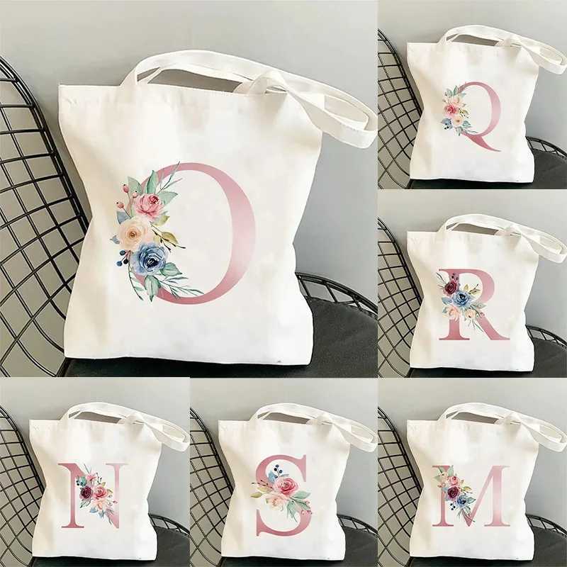 Flower letters A-Z womens shopping handbag canvas large capacity student toilet organizer casual handbag Z250224