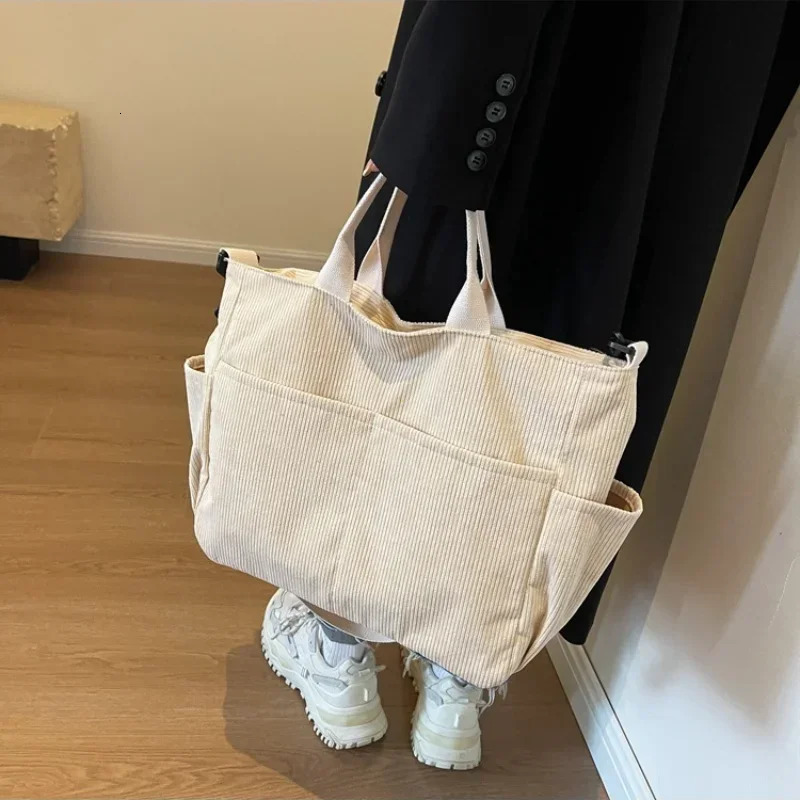 Simple Color Multi-pocket Corduroy Tote Bag Large-capacity Casual Backpack Suitable for Outdoor Travel Commuting Work Handbags 250224