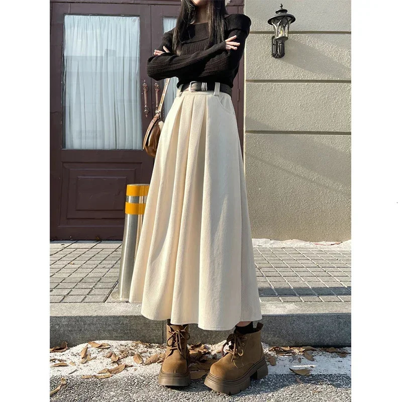 Vintage Belt Corduroy Midi Skirts Women Streetwear Black High Waist Pleated Skirt Fall Winter Chic All Match A Line Faldas 250224
