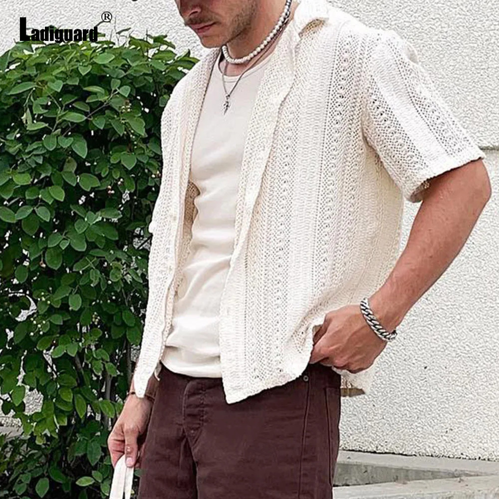 Europe Summer Knitting Blouse Solid White Hollow Out Shirt Mens Casual Beach Top Cardigans Lepal Collar Knitwear 250222