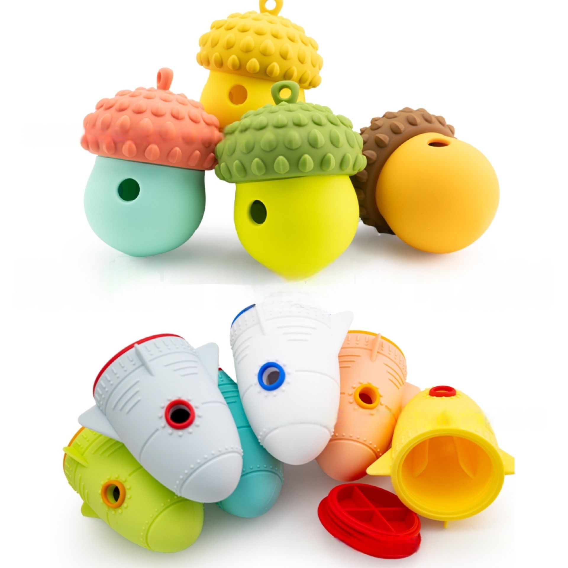 Silicone puzzle leak food hiding device for dogs, berry rocket shaped dog for relieving boredom, licking and grinding teeth