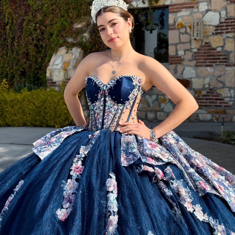 Navy Blue Shiny Quinceanera Dresses Ball Gown Off Shoulder Applique Lace Beading Crystal Tull Corset Sweet 16 Dress Vestidos 15 De Anos