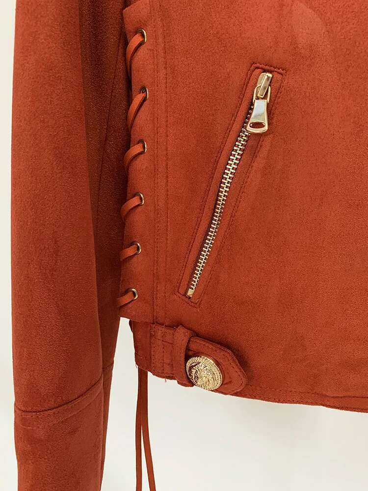 Newest F/W Designer Women's Rope Lacing Up Beaded Synthetic Suede Leather Motorcycle Biker Jacket womens designer clothing