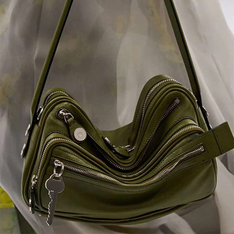 First Layer Cowhide Leather Vintage Brand Key Zipper Shoulder Handbag Underarm Small Square Female Bag Personality