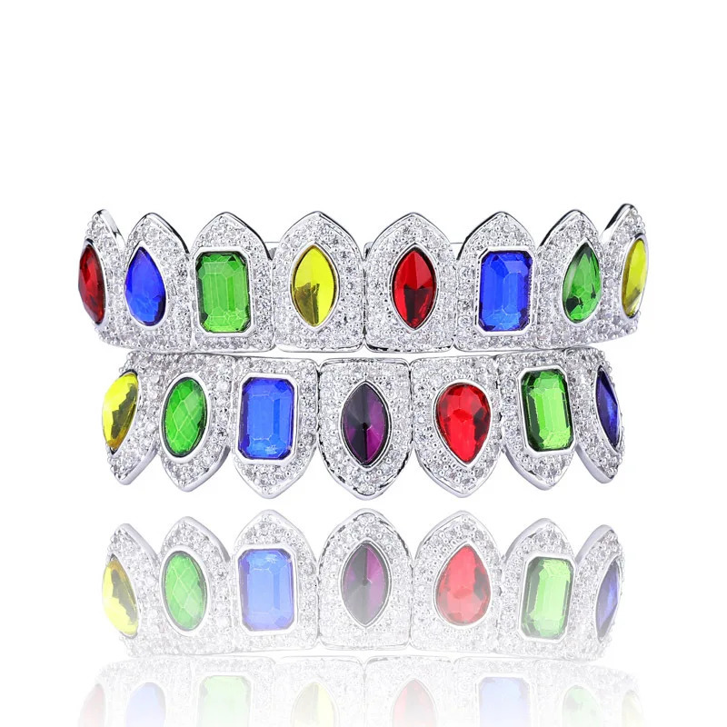 Hip Hop Set Gold Silver color Jewelry Cubic Zirconia Hip Hop Teeth Top Bottom Grills Party Gifts 250220