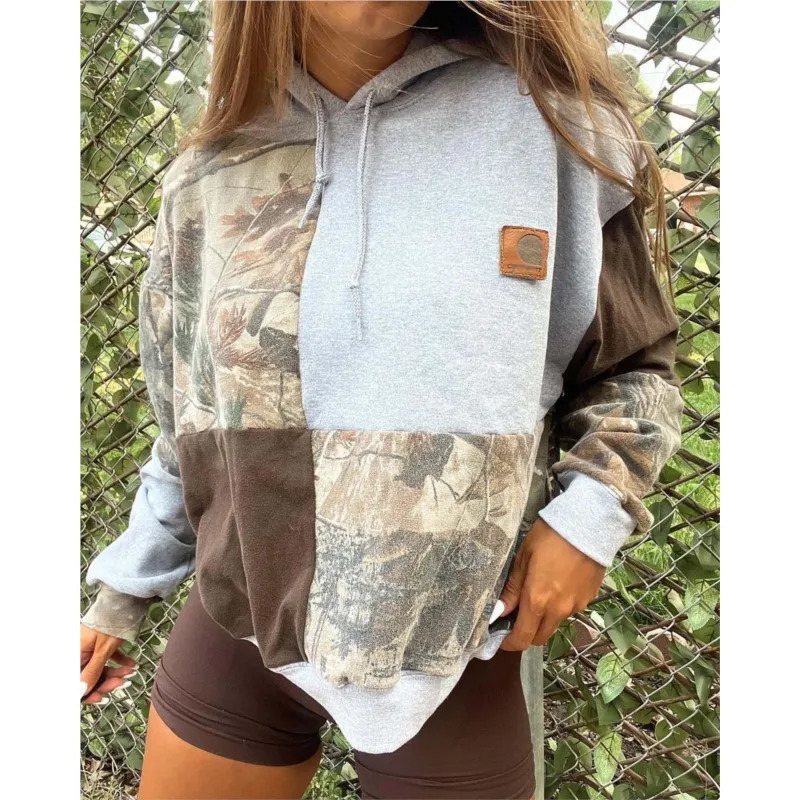 Autumn Winter Casual Hoodie Fashion Womens Pattern Patchwork Long Sleeve Hooded Top Elegant Drawstring Streetwear Pullover 250222
