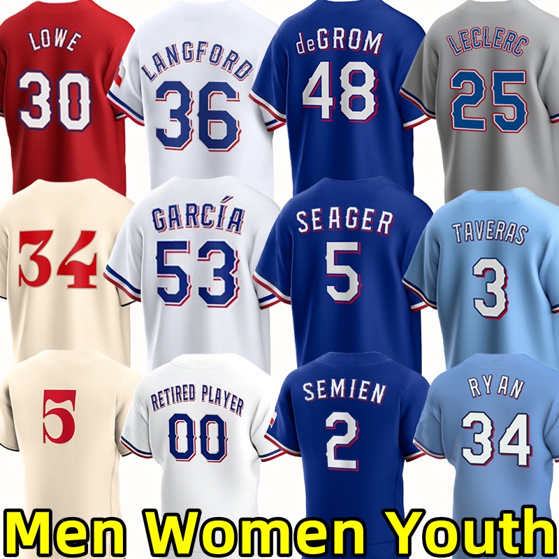 Ranger Baseball Jerseys Corey Seager Jacob deGrom Adolis Garcia Wyatt Langford Evan Carter Josh Jung Jonah Heim Marcus Semien Josh Smith Joc Pederson Jersey Men Kids