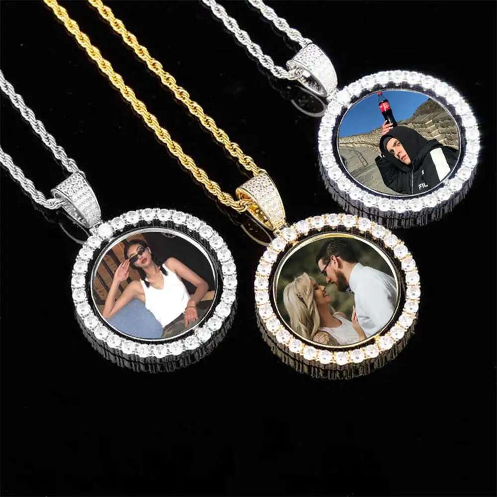 Customized Double-Side Photo Necklace Picture Pendant Chain Personalized Cubic Zirconia Hip Hop Jewelry Gift for Men Women