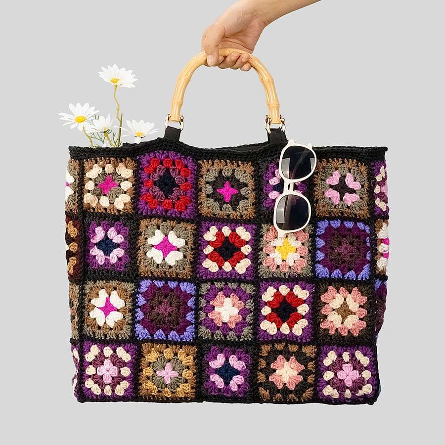 Vintage Crochet Granny Square Tote Designer Bamboon Handle Women Handbags Knitted Handmade Woven Big Shopper Purses 2023 Bag
