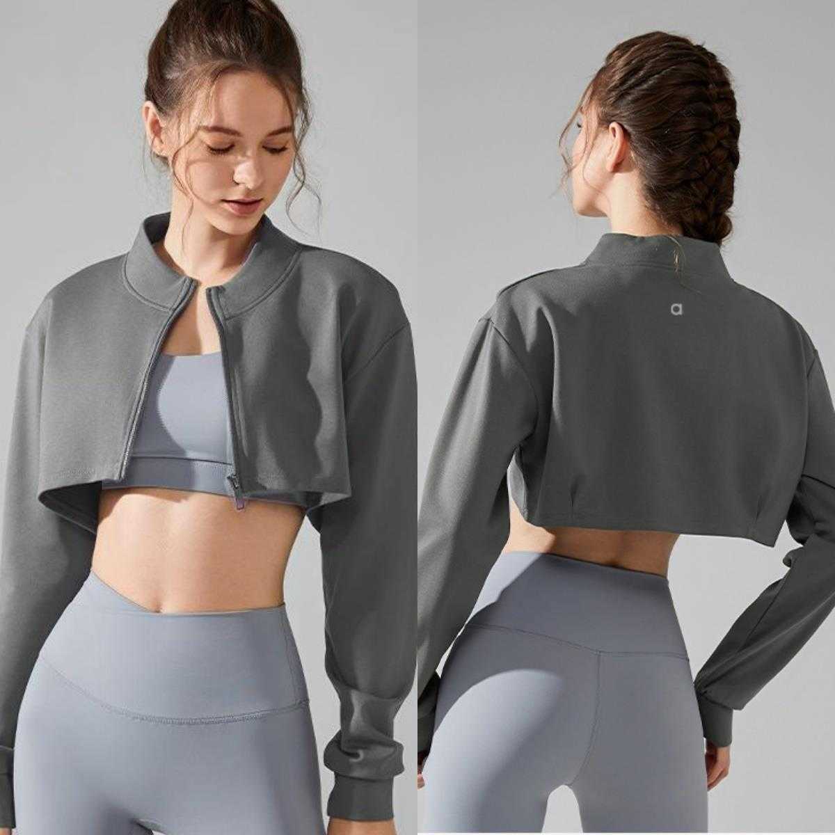 Women Yoga shirt T-Shirts Women Half-cut Hoodie Running Top Quick Drying Long Sleeve Blazer Sport-Cycling Short Coat