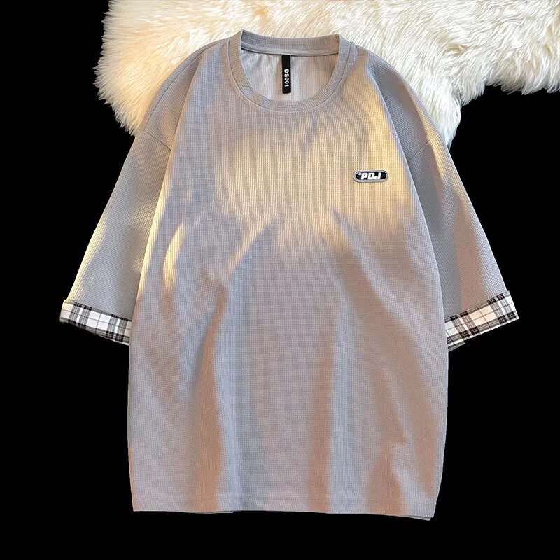 Waffle Breathable Short Sleeve T-Shirt Summer Patchwork Colour Tee Tops Mens Shirt O-neck Casual Tshirts 250224