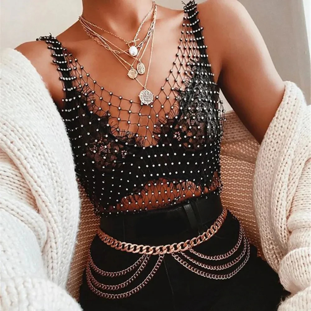 Sexy Shiny Rhinestone Fishnet Women Y2K Tank Tops See Through Crop Top Summer Beach Cover Up Tops Party Nightclub Women Clothing 250225