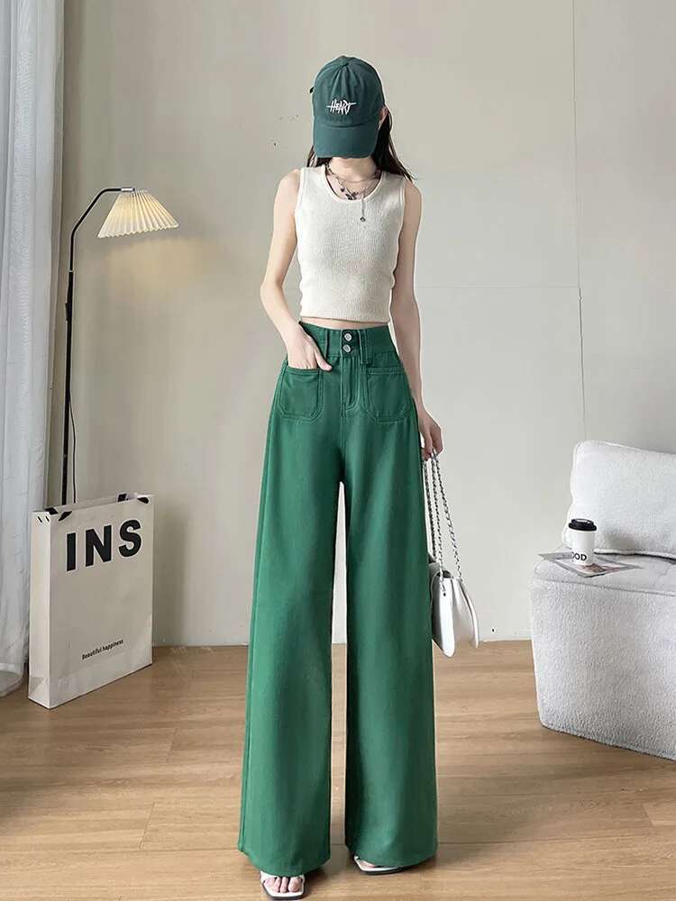 Summer Womens Jeans High Waist Green Korean Fashion Streetwear Straight Pants Baggy Casual Vintage Ladies Wide Leg Denim Trouser