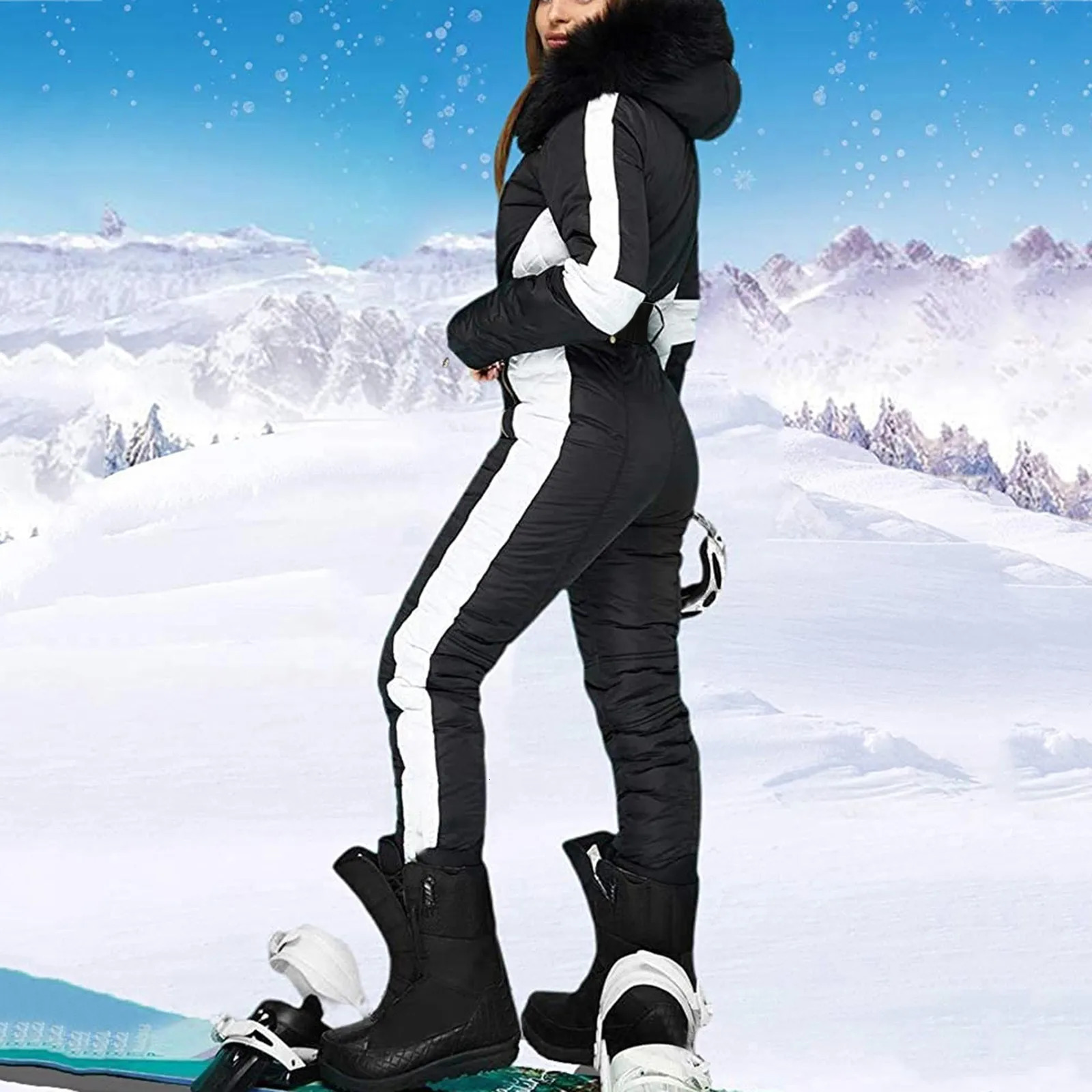 Winter Ski Suit For Women Waterproof Warm Snow Overalls Outdoor Sports Snowboard Clothes One Piece Ski Jumpsuit With Fur Collar 250224
