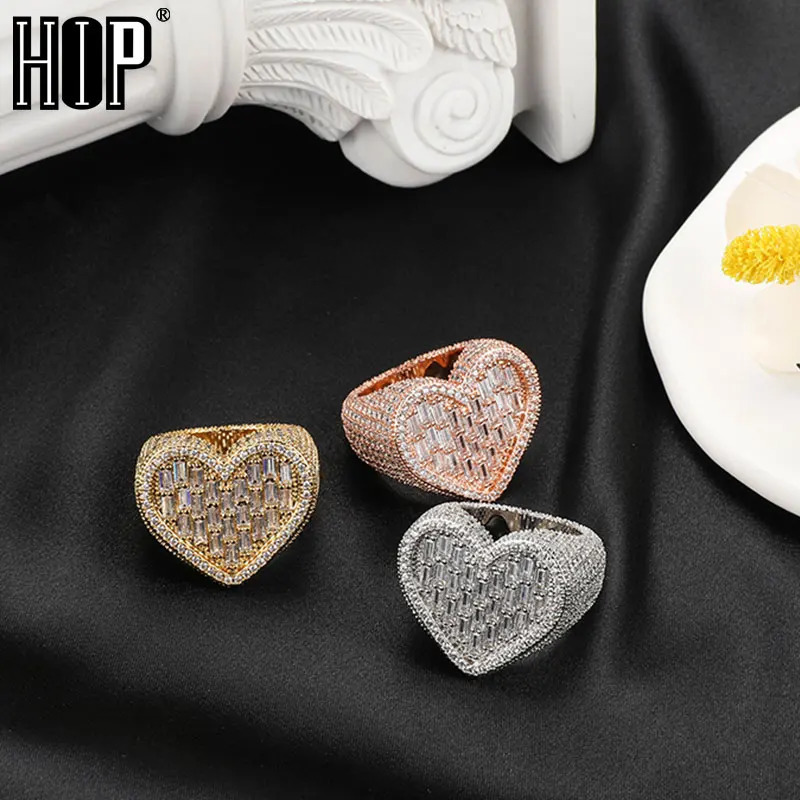 Hip Hop Iced Out Bling Charm Heart Baguette Ring Mens Gold Silver Color Cubic Zirconia Ring For Men Women Jewelry Gift 250225