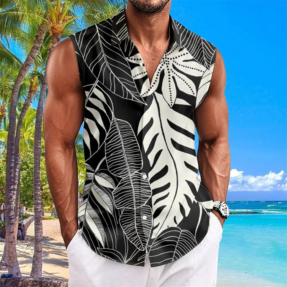 Beach Flower 3d Print Shirts For Men Casual Sleeveless Lapel Top Fashion Oversized Hawaiian Shirts Men Vacation Style Vest Shirt 250226
