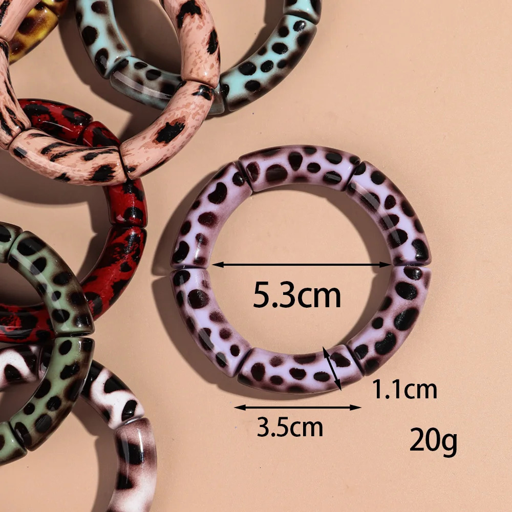 Colorful Leopard Big Bamboo Tube Beaded Acrylic Bracelets for Women Men Boho Elastic Curved Resin Bangle Stack Jewelry Gifts 250225
