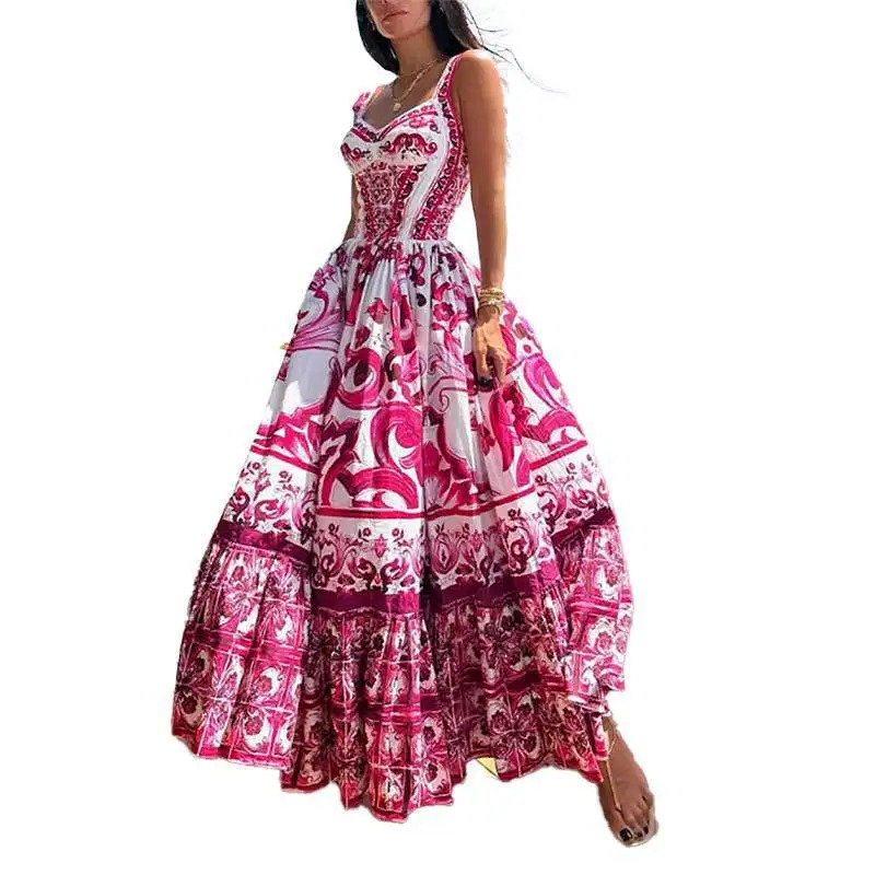 2025 Summer European And American Womens Fashion Bohemian Elegant Light Midi Length Printed Strap Dresses250222