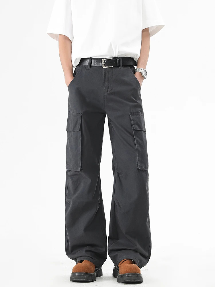 Mens Cargo Pants Spring Summer Korean Fashion 100% Cotton Baggy Style Wide Leg Casual Pants Loose Fit Straight Trousers 250226