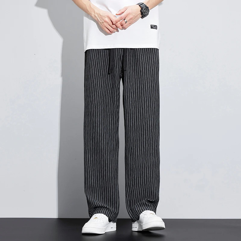 Spring and summer striped casual pants mens loose straight wide leg brushed elastic waist pants mens pants 250225