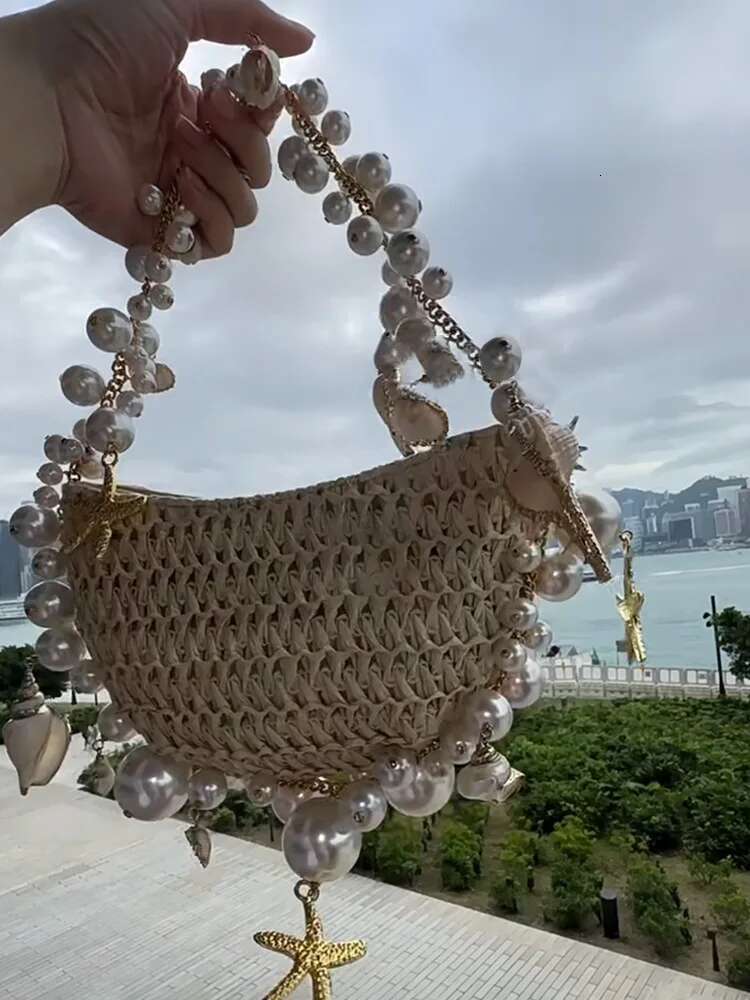 Ladies' Party Evening Dress Crossbody Bag Female Designer Brand Handbag And Wallet 2025 New Paper Grass Weaving Chain Beaded Shoulder Bag