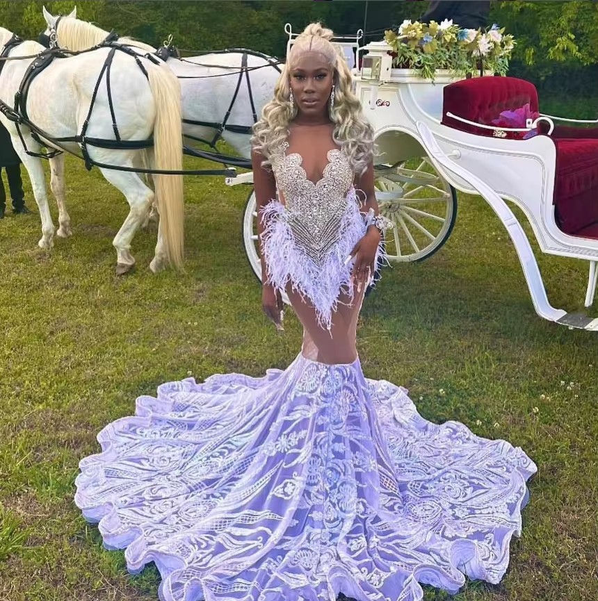 Customized Purple Applique Feather Prom 2025 Black Girls Fishtail Long Dresses Evening Gowns