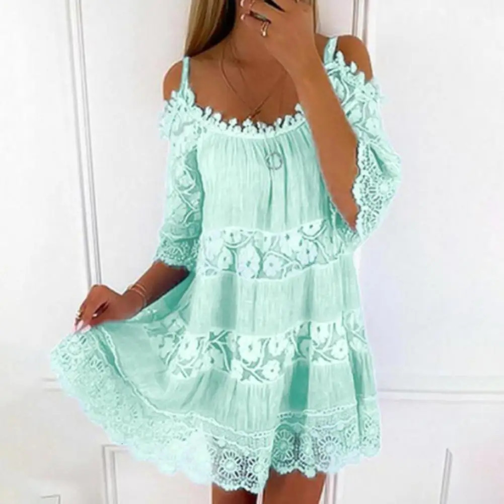 Embroidery Crochet Lace Cold Shoulder Mini Women Scoop Neck Half Sleeves Mid-Rise Loose Fit Summer Lady Beach Dress 250222
