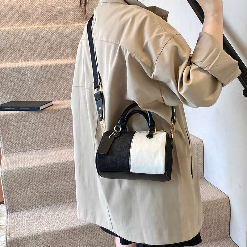 New Collage And Color Blocked Women's Mini Multifunctional Handbag Denim Diagonal Shoulder Bag Casual Street Small Boston Bag, 2025 Designer Wall