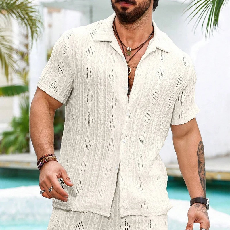 Beach Casual Breathable Mesh Lace Shirt Men Summer Vintage Hollow Out Lapel Button-up Cardigans Mens Shirts Short Sleeve Shirts 250222