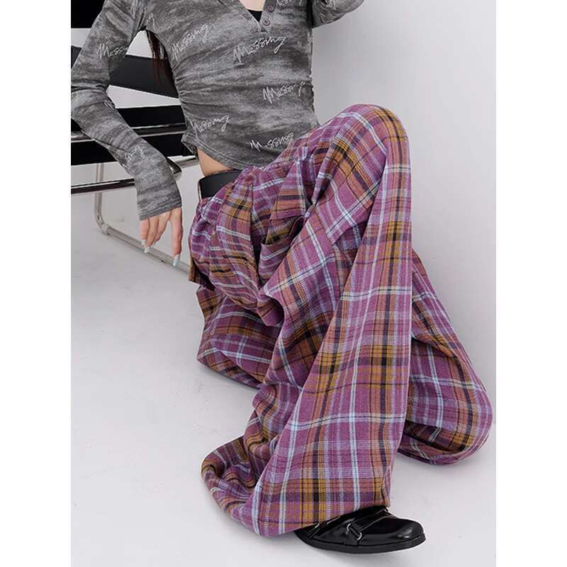Y2k Purple Plaid Cargo Pants Women Korean Fashion Winter Checked Trousers Oversized Haruku Vintage 90S Wide Leg Pantalones