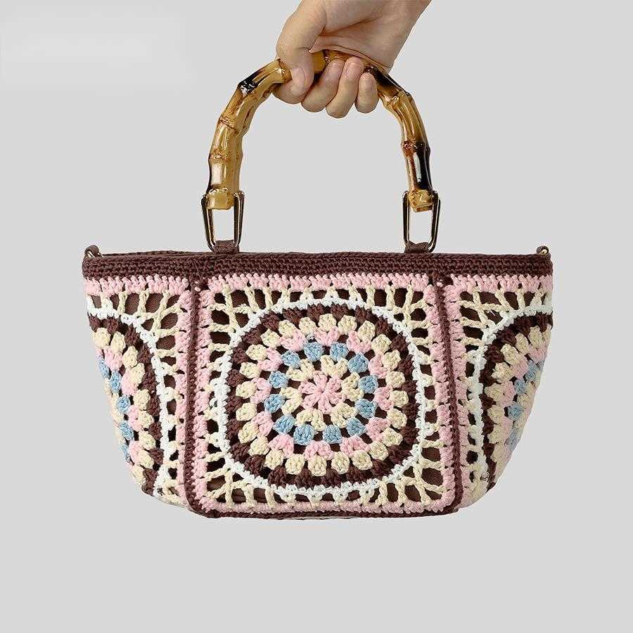 Grandmother Bohemian handbag handmade crochet flower bamboo handle handbag ethnic style single shoulder crossbody bag 250215