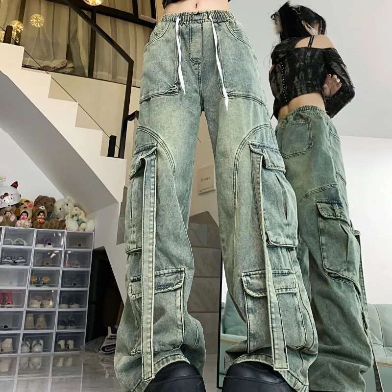 American Style Elastic Waisted Retro Jeans Make Old Washed Pocket For Women Heavy-Duty Design Loose Straight Leg Pants