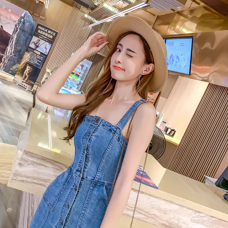 Denim Dress Summer Spaghetti Strap Sundress Vintage Casual Solid Retro Chic Sexy Jeans Button Front Blue Party Dress Women 250225