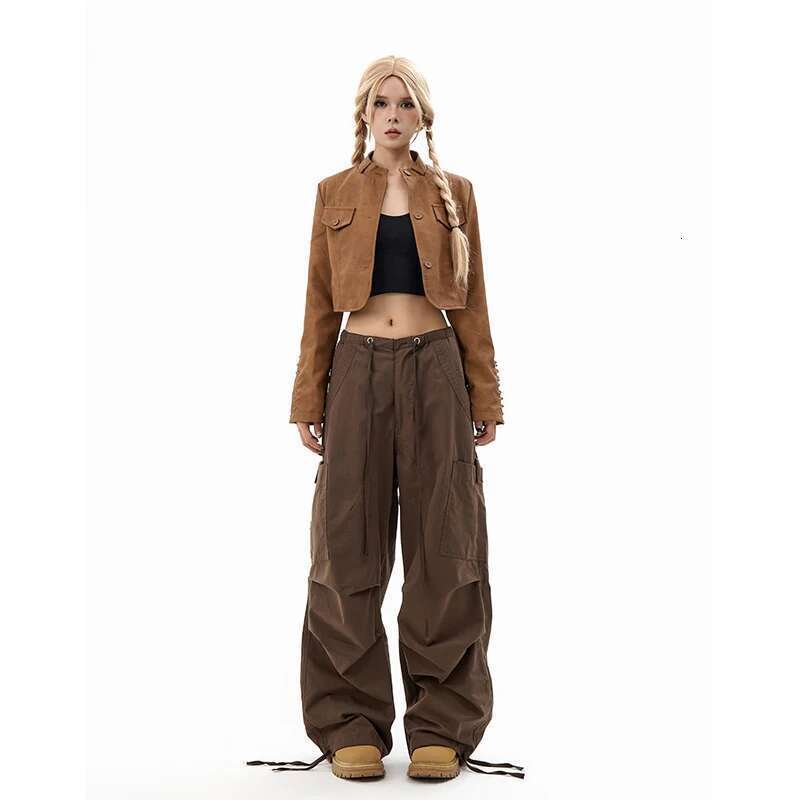 Deeptown Vintage Parachute Pants Women Y2k Streetwear Oversized Brown Trousers Korean Style Cargo Joggers Hippie Haruku Grunge