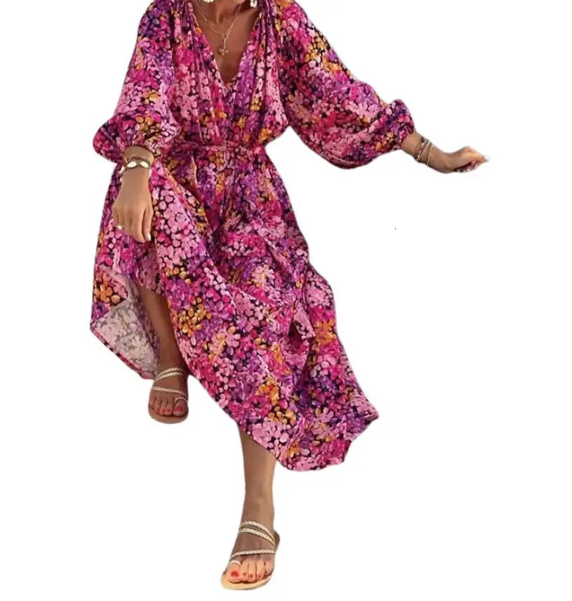 Fashion Printed Long Sleeve V-neck Bohemian Lace Up Dress For Women 250225